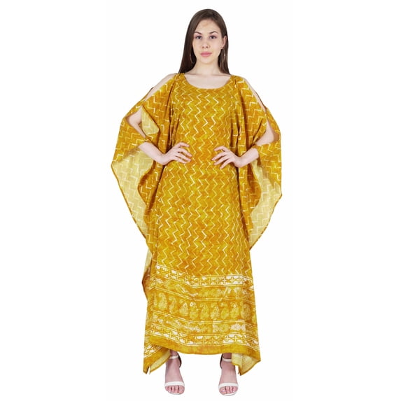 Moomaya Boat Neck Caftan Rayon Cover Up Printed Cold Shoulder Kaftan Maxi Dress