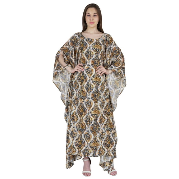 Moomaya Boat Neck Caftan Rayon Cover Up Printed Cold Shoulder Kaftan Maxi Dress