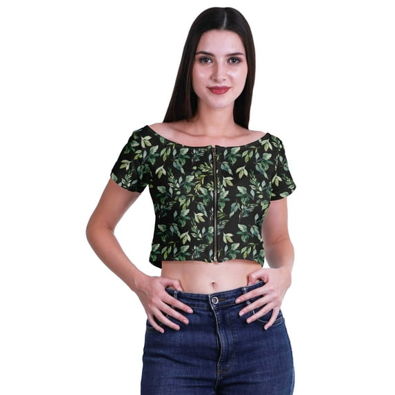 Moomaya Boat Neck Zipper Top Short Sleeve Viscose Jersey Crop Tops For Women