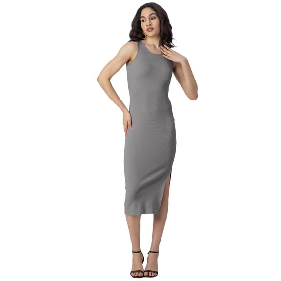 Moomaya Bodycon Dress For Women, Sleeveless Knit Dress With Slit