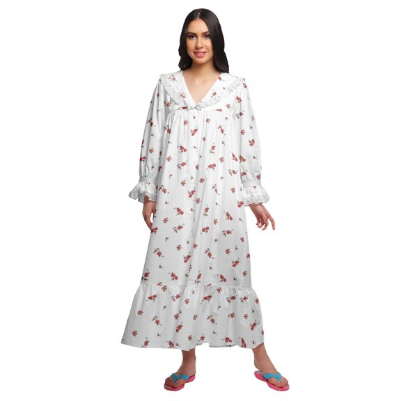 Moomaya Button Down Maxi Nightdress Long Sleeve Printed WoMen's Cotton Nightwear