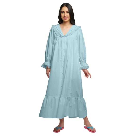 Moomaya Button Down Maxi Nightdress Long Sleeve Solid WoMen's Cotton Nightwear