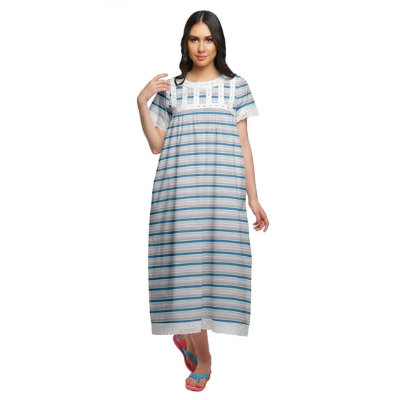 Moomaya Button Down Maxi Nightdress Short Sleeve Printed Women Cotton Nightwear
