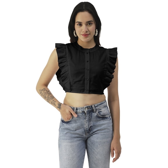Moomaya Button Down Solid Cotton Crop Top, Frilled Sleeve Tops Summer Clothing