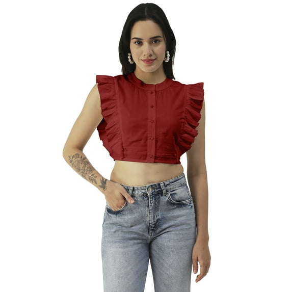 Moomaya Button Down Solid Cotton Crop Top, Frilled Sleeve Tops Summer Clothing