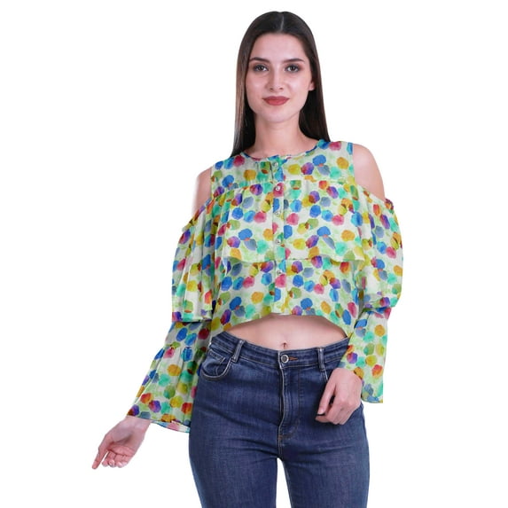 Moomaya Button Front Cold Shoulder Top Printed Casual Loose Blouse Short Top