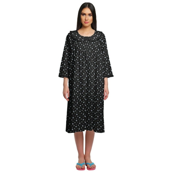 Moomaya Button Placket Knee Long Nightdress For Women Printed Nightwear