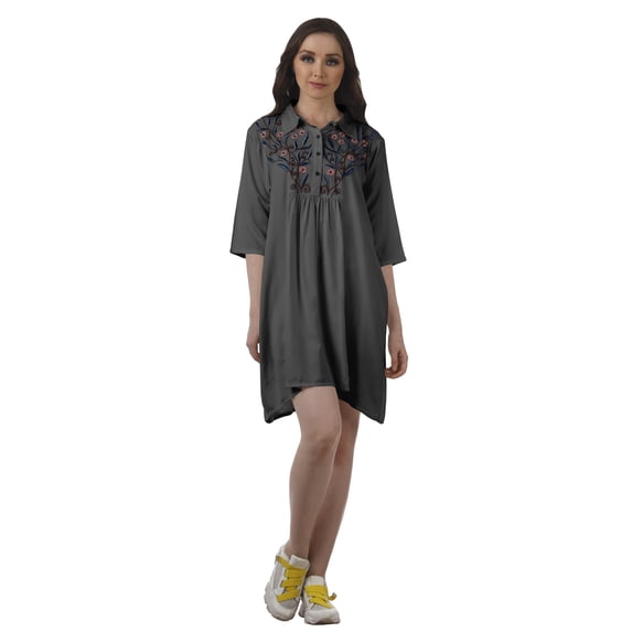 Moomaya Casual 3/4Th Sleeve Rayon Solid Embroidered Tunic Women Shirts Dresses