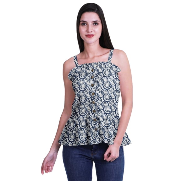 Moomaya Casual Shoulder Strap Flared Hem Cotton Slub Printed Women Summer Top