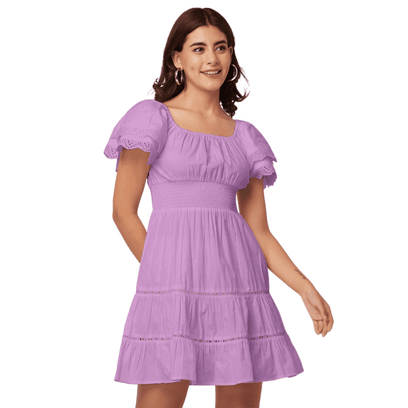 Moomaya Chic Cotton Dress For Women, Short Layered Sleeve Tiered Summer Dress