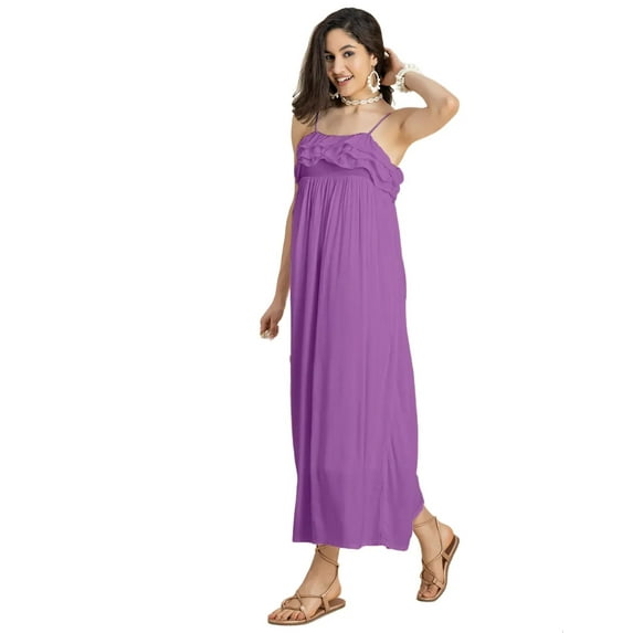 Moomaya Chic Frill Summer Dress For Women, Strappy Solid Maxi, Vacation Dress