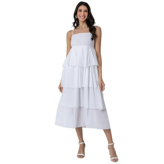 Moomaya Chic Layered Frill Long Dress, Spaghetti Strap Resort & Brunch Day Wear, Cotton Maxi Dress