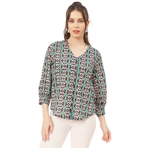 Moomaya Chic Printed V Neck Cotton Shirt - 3/4 Sleeves Regular Fit Casual Top