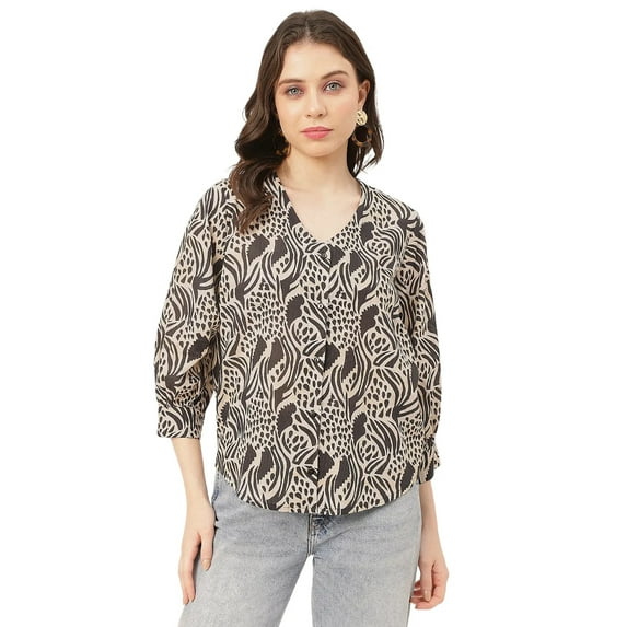Moomaya Chic Printed V Neck Cotton Shirt - 3/4 Sleeves Regular Fit Casual Top