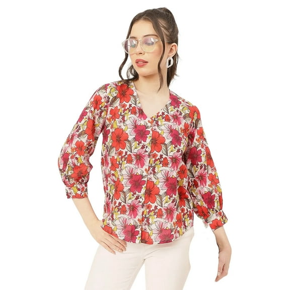 Moomaya Chic Printed V Neck Cotton Shirt - 3/4 Sleeves Regular Fit Casual Top