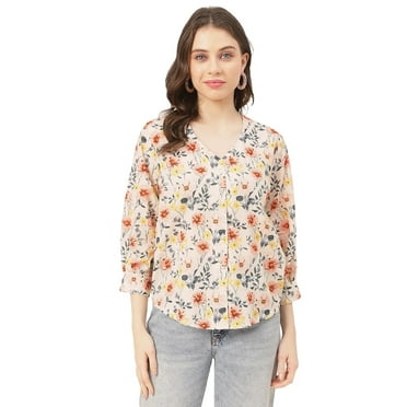 Moomaya Chic Printed V Neck Cotton Shirt - 3/4 Sleeves Regular Fit Casual Top