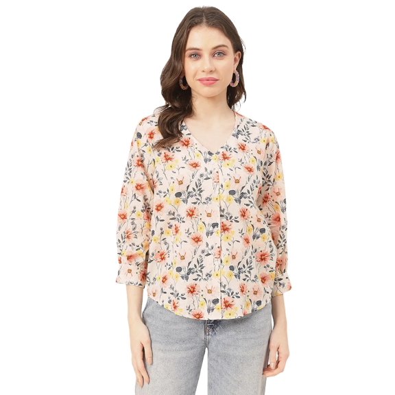 Moomaya Chic Printed V Neck Cotton Shirt - 3/4 Sleeves Regular Fit Casual Top