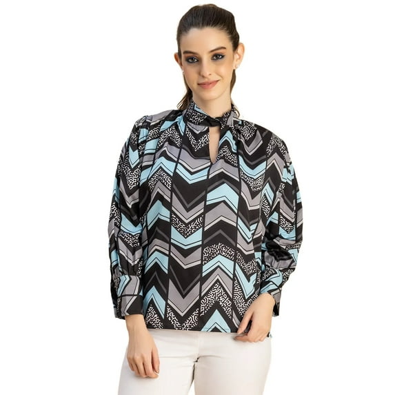 Moomaya Chic Stripe Folded Band Neck Top - Long Sleeves, Regular Fit Office Wear