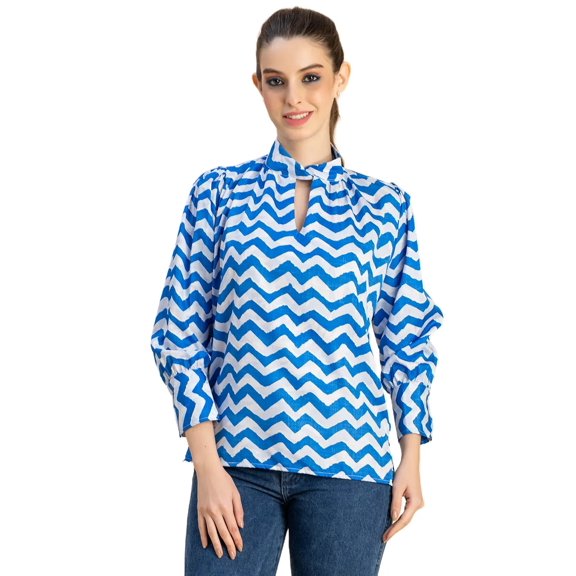 Moomaya Chic Stripe Folded Band Neck Top - Long Sleeves, Regular Fit Office Wear