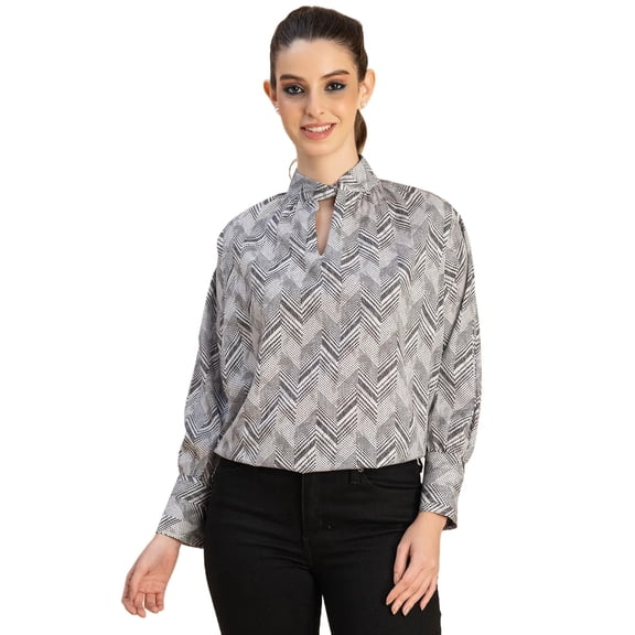 Moomaya Chic Stripe Folded Band Neck Top - Long Sleeves, Regular Fit Office Wear