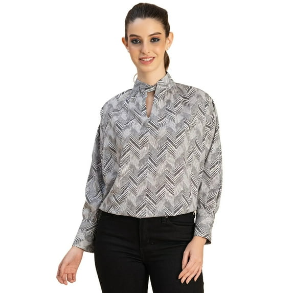 Moomaya Chic Stripe Folded Band Neck Top - Long Sleeves, Regular Fit Office Wear