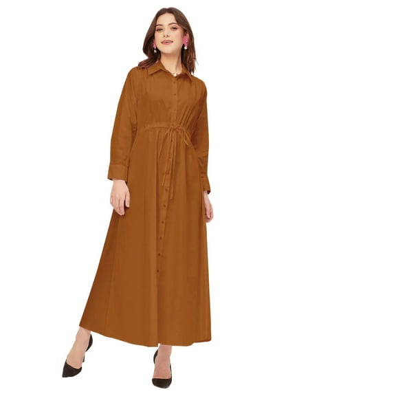Moomaya Classic Solid Cotton Long Sleeve A-Line Dress - Shirt Collar, Work Dress