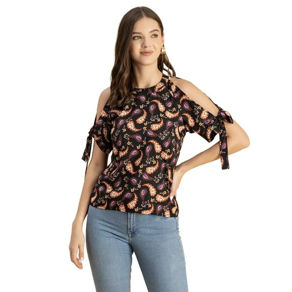 Moomaya Cold Shoulder Band Collar Short Sleeve Printed Top - Women's Trendy Top