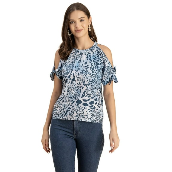 Moomaya Cold Shoulder Band Collar Short Sleeve Printed Top - Women's Trendy Top