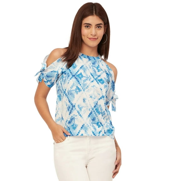Moomaya Cold Shoulder Band Collar Short Sleeve Printed Top - Women's Trendy Top