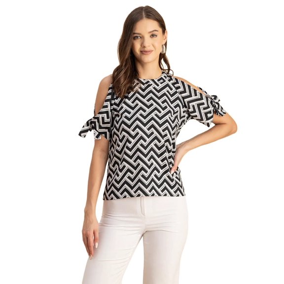 Moomaya Cold Shoulder Band Collar Short Sleeve Printed Top - Women's Trendy Top