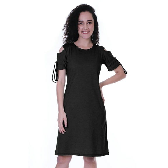 Moomaya Cold Shoulder T-shirt Dress Round Neck Casual Knee Length Summer Dresses For Womens