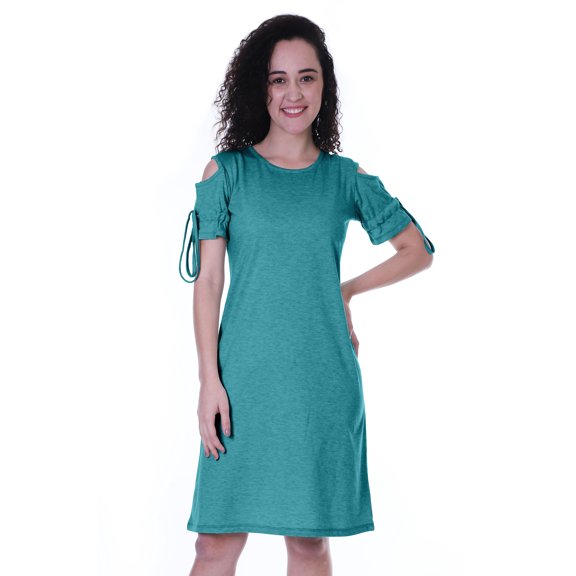 Moomaya Cold Shoulder T-shirt Dress Round Neck Casual Knee Length Summer Dresses For Womens