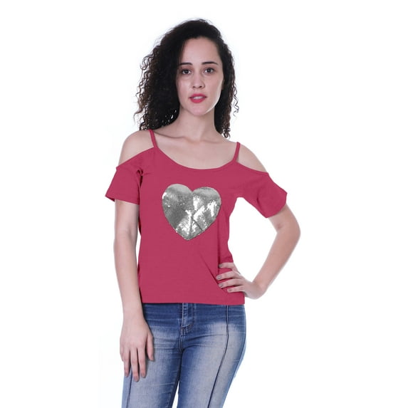 Moomaya Cold Shoulder Top For Women w/ Sequin Heart Patch Short Summer Tunic, XS-XL