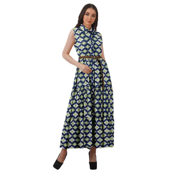 Moomaya Collared Shirt Dresses Women Printed Rayon Button Maxi Dresses Women