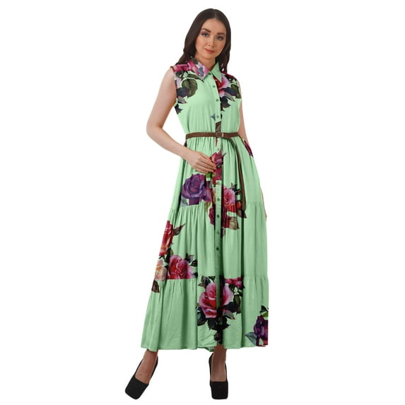 Moomaya Collared Shirt Dresses Women Printed Rayon Button Maxi Dresses Women