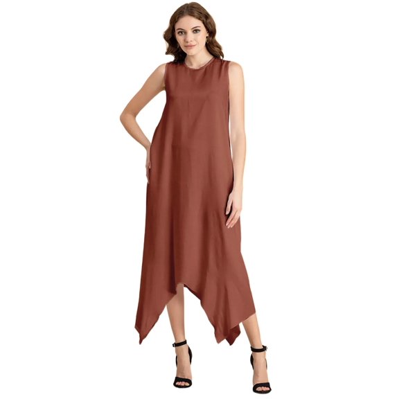 Moomaya Contemporary Asymmetric Round Neck Solid Rayon Dress Loose Fit Day Dress