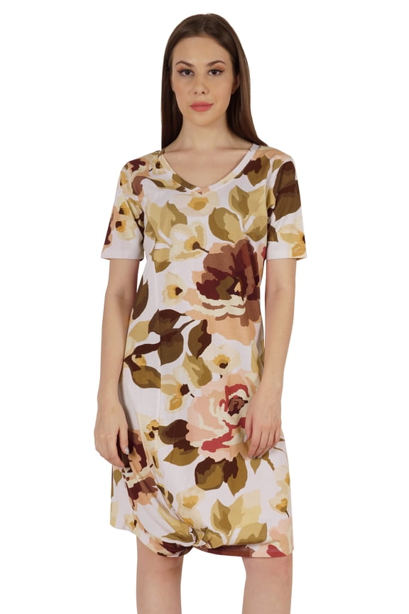 Cotton Jersey Printed Midi Dress For Women V-Neck Summer Short Sleeves Knee Length Dress