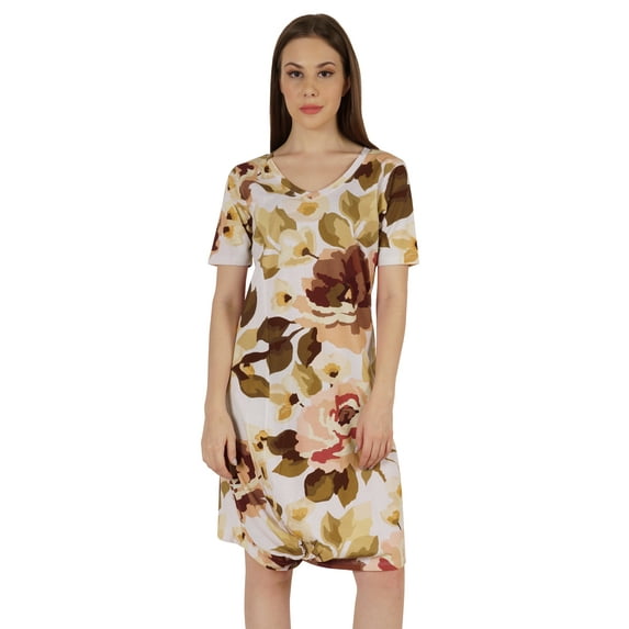 Moomaya Cotton Jersey Printed Midi Dress For Women V-Neck Summer Short Sleeves Knee Length Dress