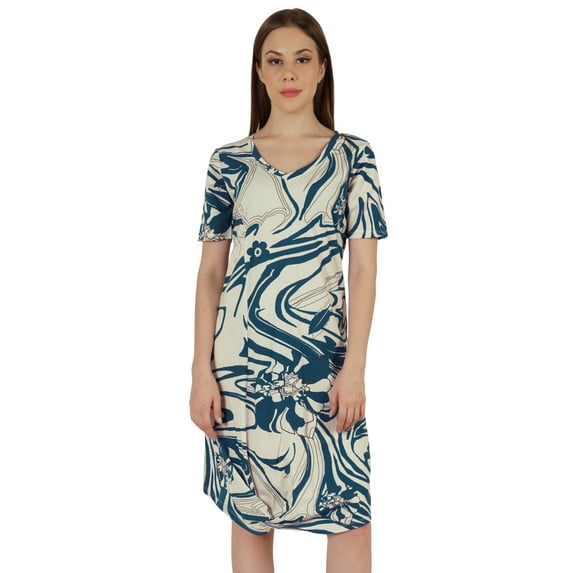 Moomaya Cotton Jersey Printed Midi Dress For Women V-Neck Summer Short Sleeves Knee Length Dress