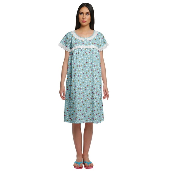 Moomaya Cotton Lace Neckline Sleepwear For Ladies Round Neck Womens Nightdress