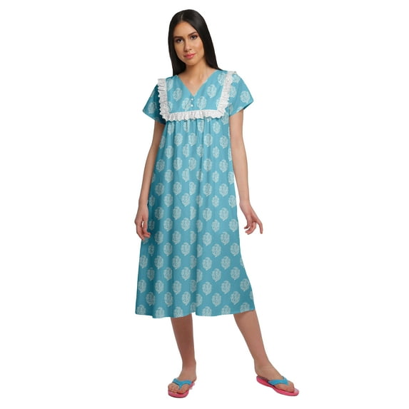 Moomaya Cotton Lace Neckline Sleepwear For Ladies V-Neck Printed Nightdress