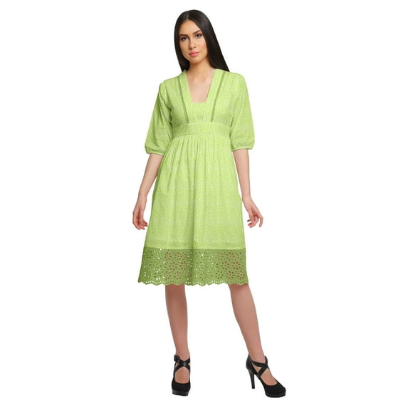 Moomaya Cotton Ladies Printed Midi Evening Casual Dress With Lace Summer Wear