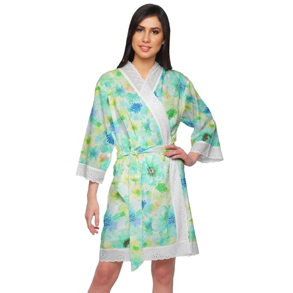 Moomaya Cotton Printed Robe For Women Kimono Getting Ready Bridesmaid Lace Robes