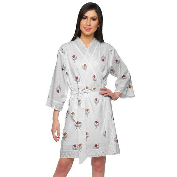 Moomaya Cotton Printed Robe For Women Kimono Getting Ready Bridesmaid Lace Robes