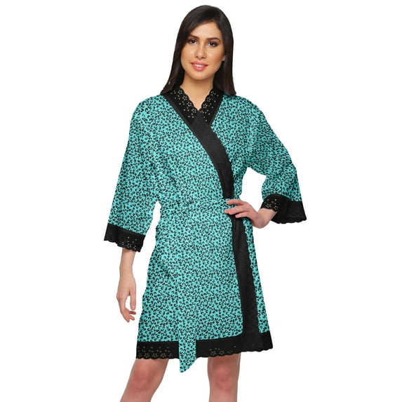 Moomaya Cotton Printed Bathrobe Crossover Fabric Lace Short Robes Loungewear