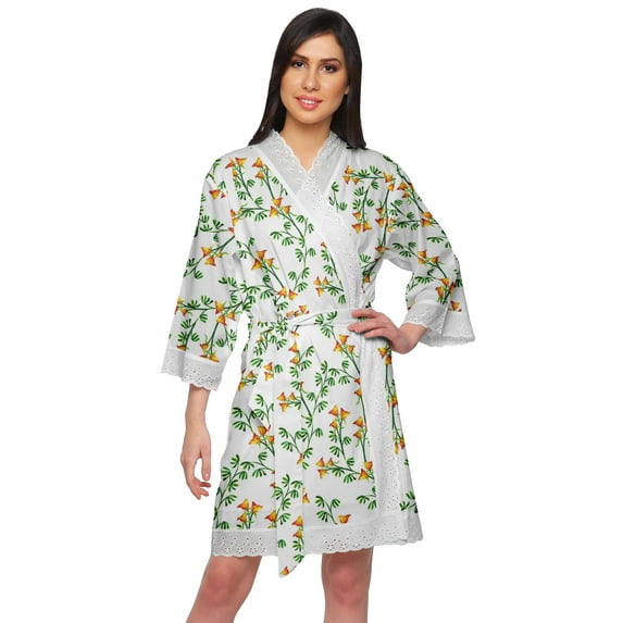 Moomaya Cotton Printed Bathrobe Crossover Fabric Lace Short Robes Loungewear