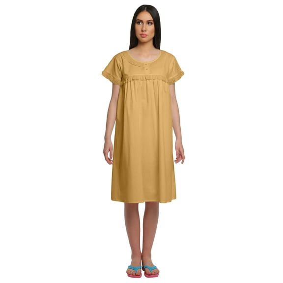 Moomaya Cotton Short Sleeve Nightdress For Ladies Solid Button Placket Nightwear
