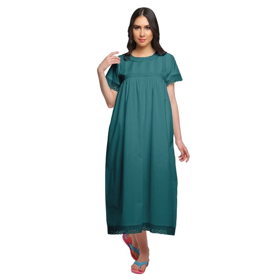 Moomaya Cotton Solid A-Line Nightdress Short Sleeve Lace Cotton Sleepwear Gown