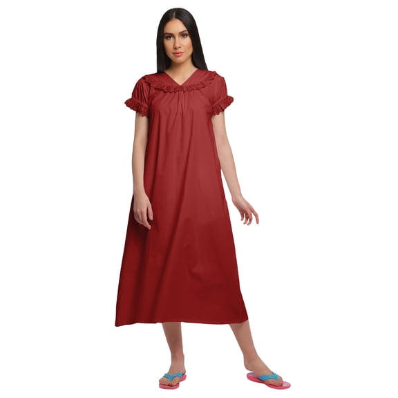 Moomaya Cotton V-Neck Sleepwear For Ladies Short Sleeve WoMen's Nightdress