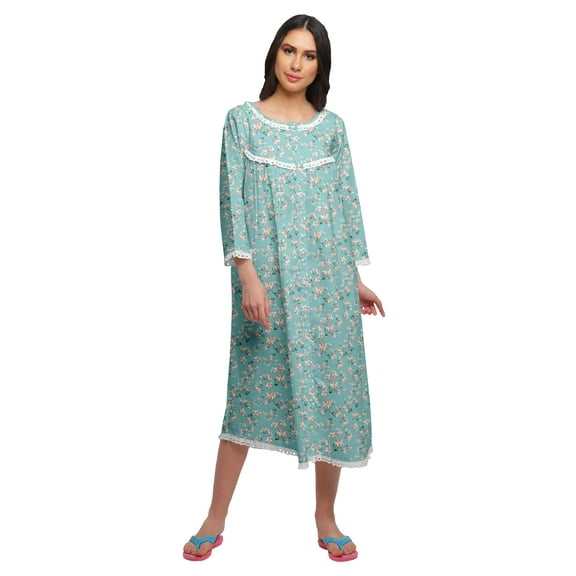 Moomaya Cotton Women Knee Length 3/4th Sleeve Nightdress Printed Nightwear